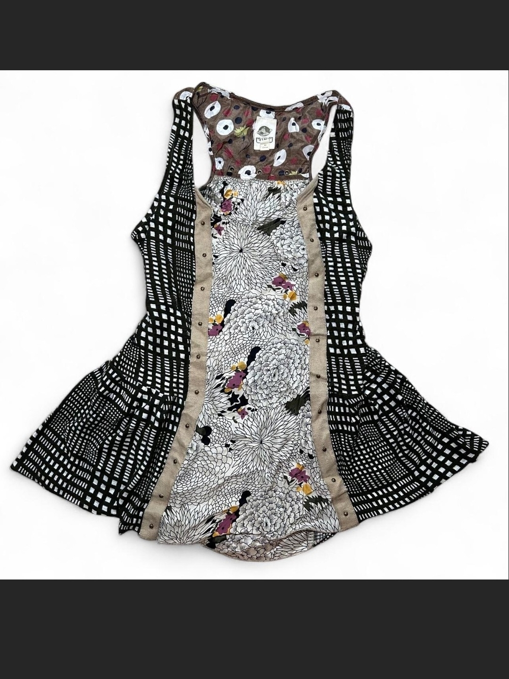 Women’s Black & White Patterned Tank Top with Floral Panel